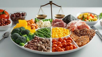 Dietary choices displayed on a divided plate with a scale in the background