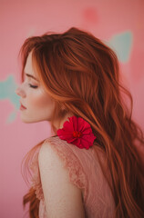 Naklejka premium Aesthetic Model Photo, Portrait of a Beautiful Woman with Flower in Magazine Cover Style