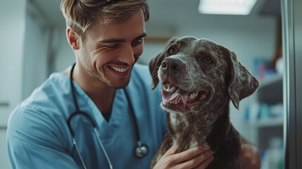 An enthusiastic veterinarian shares a joyful moment with an excited dog in a clinical setting, demonstrating a commitment to animal well-being and happiness.