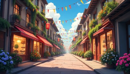 Vibrant street adorned with flowers and festive decorations in a sunny locale