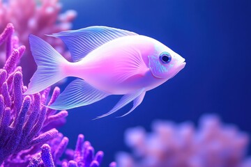Fototapeta premium Iridescent fish gracefully swimming through a vibrant coral reef illuminated by mystical underwater lighting