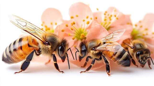 Two honeybees pollinating peach blossoms on white background. - Powered by Adobe