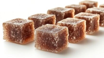 Row of brown, square, translucent jellies on white.