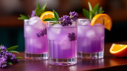 lavender cocktails with citrus garnish at the bar.