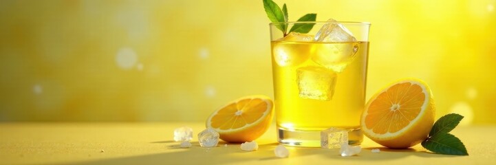 Fototapeta premium Golden lemonade in a glass, ice cubes clinking, homemade, lemonade, beverage