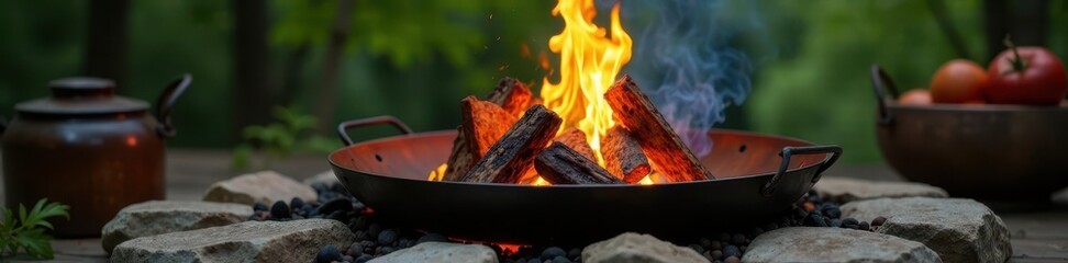 Grill charcoal fire pit outdoor cooking station, burning, cooking