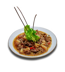 Delicious meal with potatoes and red meat close up  horizantal white background v4