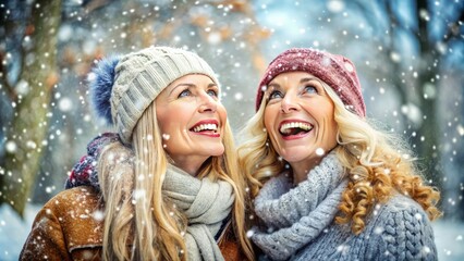 Obraz premium Happy Couple of Women in Winter Clothing with Snowflakes Falling Around Them, Set Against a Snowy Winter Landscape, Celebrating the Joyful Atmosphere of Winter Holidays