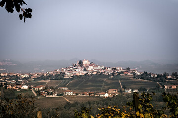 Landscapes in the Piedmontese Langhe of hills and vineyards in autumn after the grape harvest
