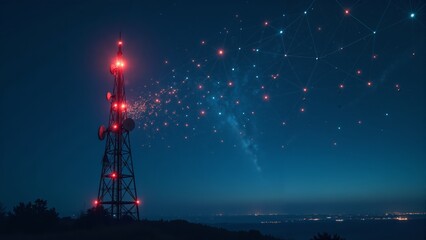 Nighttime spectacle of a communication tower illuminated against a starry sky