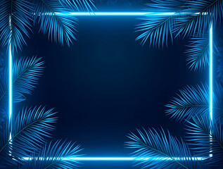 Obraz premium Blue neon frame surrounded by palm branches. Glowing neon outline. Tropical evening in jungle and summer style. Exotic design for postcard, banner, poster or flyer.