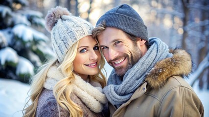 Happy Couple in Winter Clothing Against a Snowy Winter Landscape