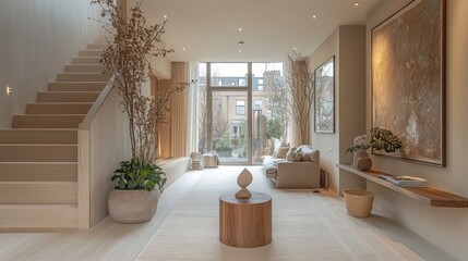 A modern, minimalistic living space with natural light and decorative elements.