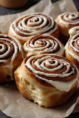 Fragrant freshly baked cinnabon rolls with glaze. Sweet pastries with cinnamon, perfect for tea or dessert. Close-up shows off the delicious look and airy texture