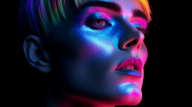 Young transgender guy with multicoloured makeup on face in a dark nightclub. Handsome guy studio shoot. Stylish trans person. LGBT community people.