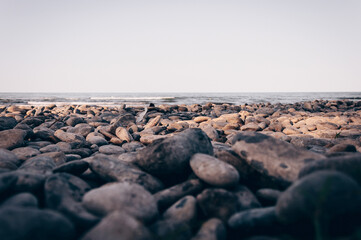 Pebbles beach with sea in background, foggy summer day