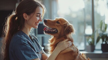 A smiling female vet in a modern clinic holds a calm golden retriever. The setting radiates warmth, trust, and a strong human-animal connection.