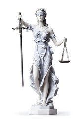 Obraz premium A statue of Lady Justice holding scales and a sword isolated on white