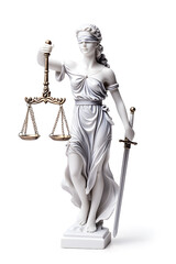 Obraz premium A statue of Lady Justice holding scales and a sword isolated on white