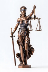 A statue of Lady Justice holding scales and a sword isolated on white