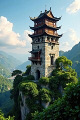 Naklejka premium Towering structure made of stone and wood, blending into Hanoi's historic landscape, surrounded by lush greenery, Hanoi Hoan Kiem lake, Architectural details, Vietnam