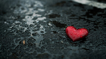 Fototapeta premium Rain-soaked heart on dark pavement.