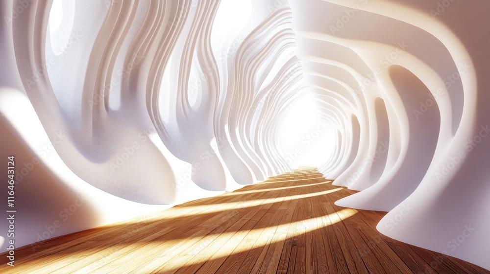 Wall mural Abstract white tunnel with wooden floor and light at the end.