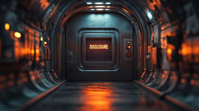 A futuristic corridor with glowing orange lights leads to a secured door with Disclosure displayed, emphasizing UFO secrecty, government coverup  and alien technology