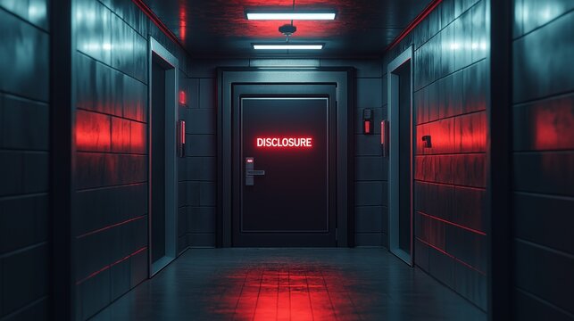 A futuristic corridor with glowing orange lights leads to a secured door with Disclosure displayed, emphasizing UFO secrecty, government coverup  and alien technology