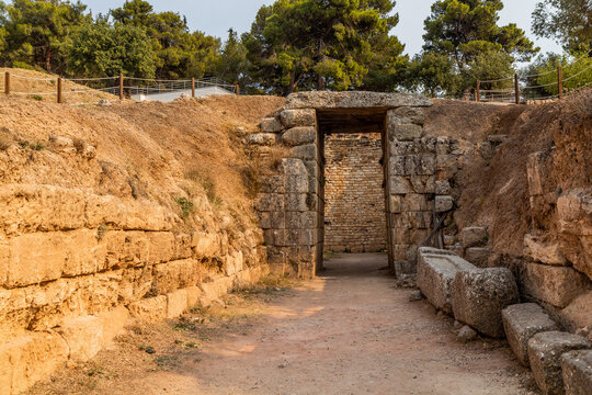 Lion Tomb doorway at ancient Mycenae on Peloponnese peninsula, Greece