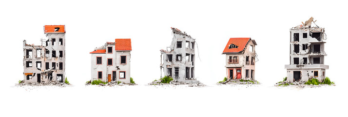 A set of destroyed post-apocalyptic houses in different stages isolated on a white background