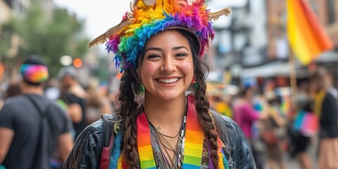 Fototapeta premium LGBTQ+ pride parade with colorful costumes, street performers, and rainbow flags in a lively urban setting