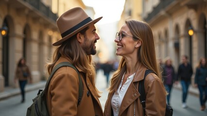 Obraz premium Friends enjoying a sunny evening stroll through a vibrant street in a charming town
