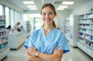 Fototapeta premium Young female pharmacist in medical clothes stands with arms crossed on chest, looks at camera and smiles.