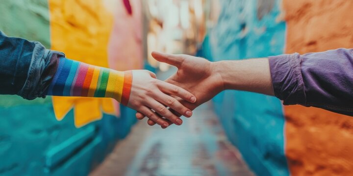 Rainbow-colored hands reaching out to each other, symbolizing solidarity and LGBTQ+ unity