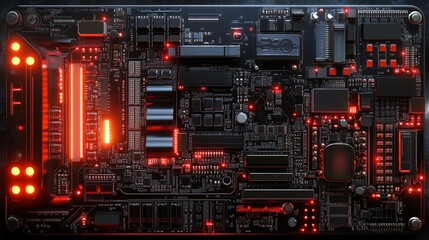Detailed circuit board with glowing contours and intricate components. Generative AI