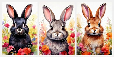 Fototapeta premium Set f Watercolor illustration of a cute fluffy rabbit with pink ears in a blank background with colorful flowers