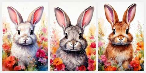 Fototapeta premium Set f Watercolor illustration of a cute fluffy rabbit with pink ears in a blank background with colorful flowers