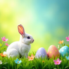 Fototapeta premium Pastel bunny, colorful eggs, spring flowers in green grass Easter egg hunt scene , easter bunny, happy, cute