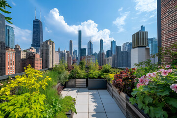 Fototapeta premium Green Rooftop Garden Overlooking a Bustling Urban Skyline in Chicago
