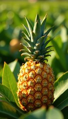 Obraz premium Perfectly ripe golden pineapple, sunlit leaves , macro, pattern, fresh