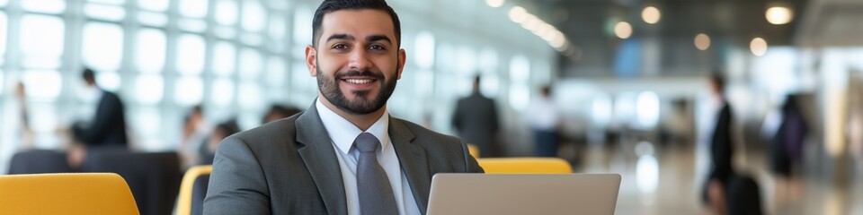 A man in a suit and tie is sitting at a table with a laptop. He is smiling and he is enjoying...