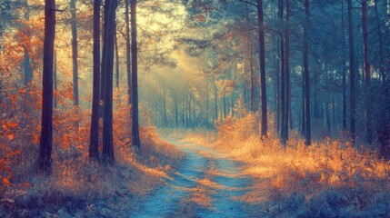 Fototapeta premium A quiet forest path at twilight, digital painting, cool tones, ethereal light