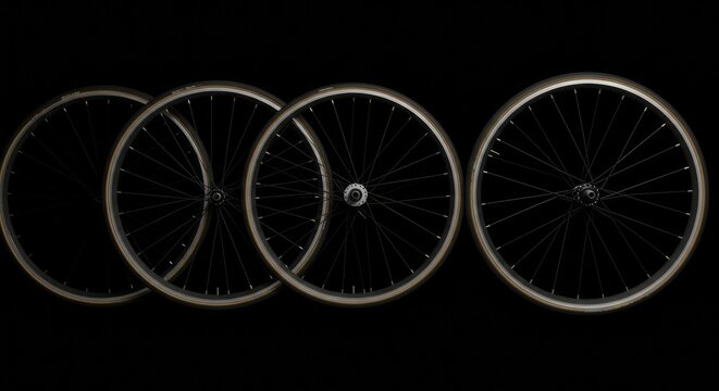 Four bicycle wheels aligned in dark minimalist setting