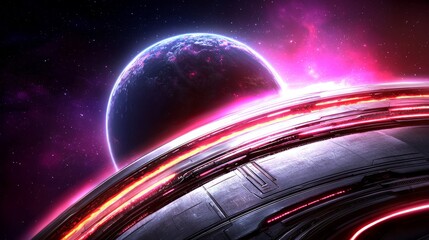Futuristic Spaceship Orbiting Vibrant Planet Sci Fi Space Exploration