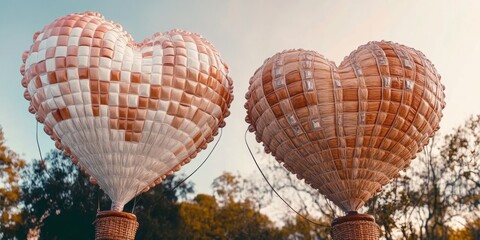 Obraz premium Floating hearts soar in a dreamlike sky, coloring the horizon with pastel hues of pink and blue amidst a surreal landscape