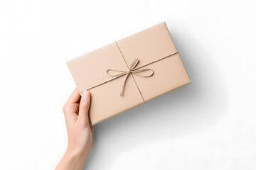 Top view of Christmas gift box wrapped in brown craft paper and red ribbon isolated on white 