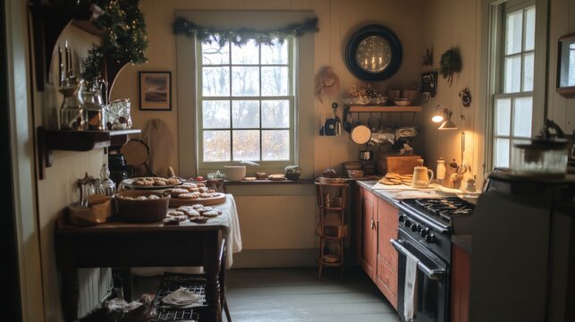 The lightkeepers kitchen, filled with the aroma of freshly baked gingerbread cookies cooling on a wire rack.