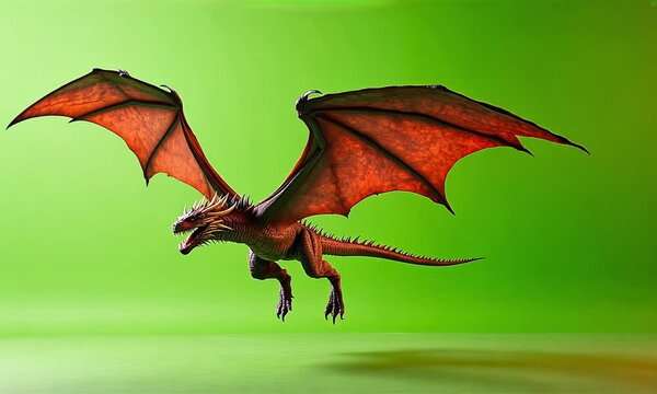 A dragon with long wings is flying, full body shot, fantasy realism, front view