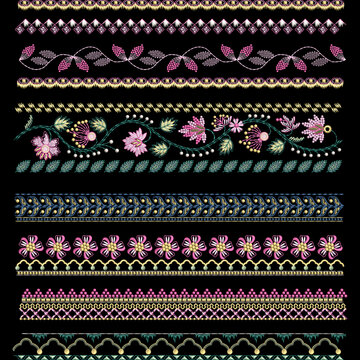 Embroidered seamless border lace design with bouquets floral motifs daman design baroques ornaments for digital and textile print on fabric.